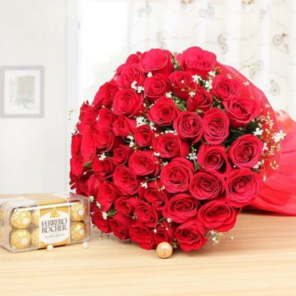 50 fresh red roses with 16 Ferrero Rocher chocolates arranged beautifully for romantic gifting in Karachi.