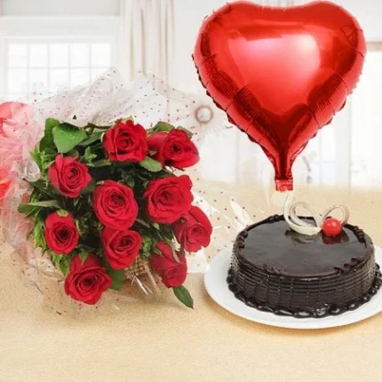 Best Of Love Deal with 1 lb cake, one dozen fresh red roses, and a heart-shaped balloon for romantic gifting in Karachi.
