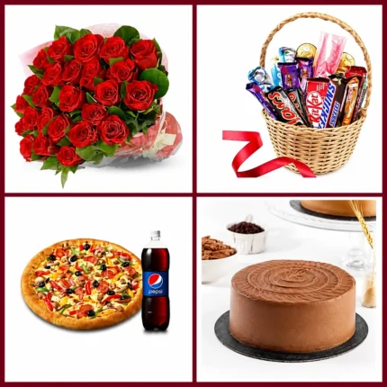 Birthday Celebration Deal with chocolate cake, pizza, red roses, and assorted chocolates for gift delivery in Karachi.