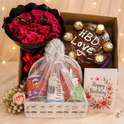 Birthday Delight Hamper with Ferrero Rocher Cake, 24 red roses, premium chocolates, snacks, and luxury birthday gift basket in Karachi.