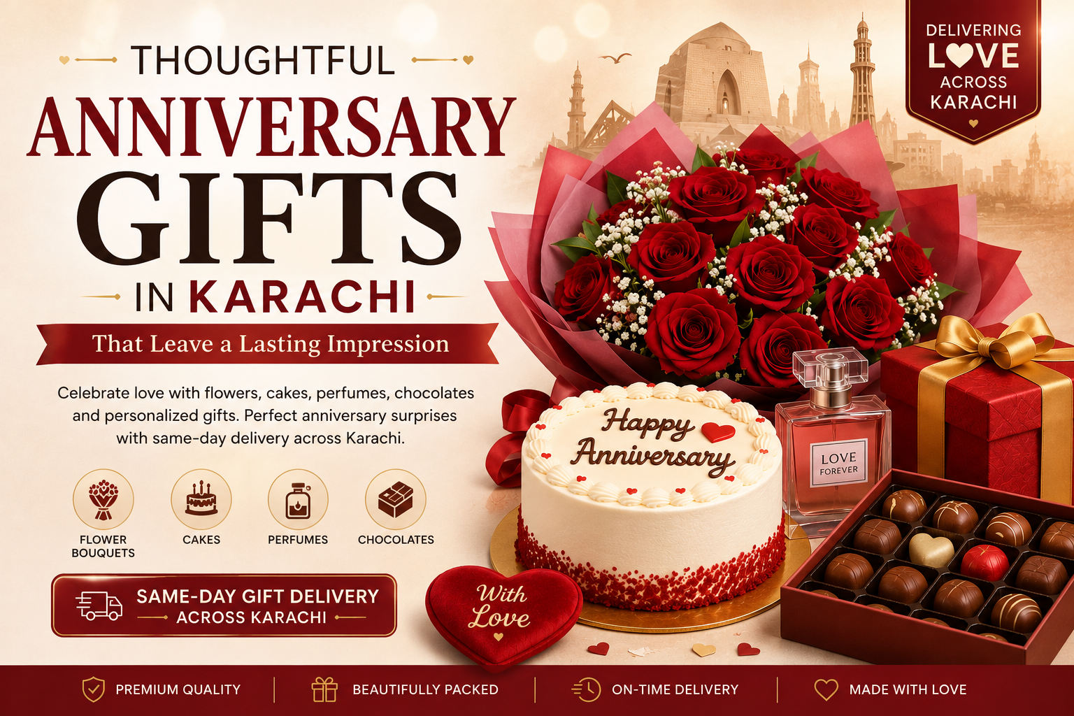 Thoughtful Anniversary Gifts in Karachi featuring flowers, cake, chocolates and perfume
