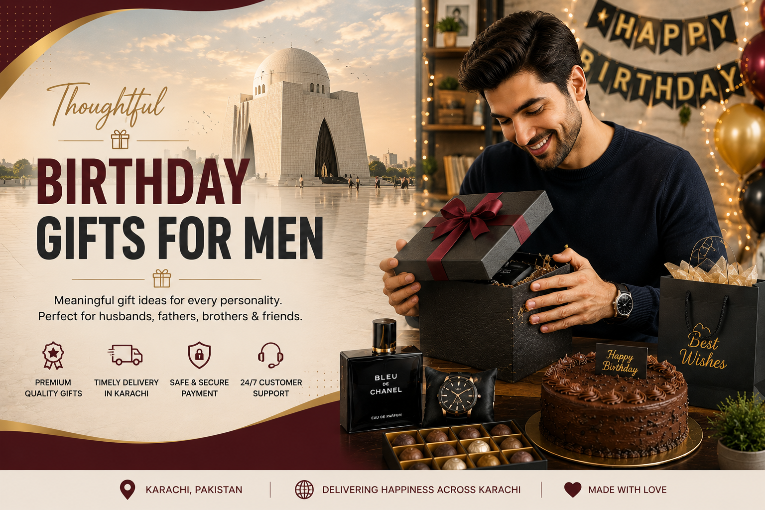 Birthday Gifts for Men made easy. Find thoughtful gift ideas for husbands, fathers, brothers, and friends with delivery across Karachi.