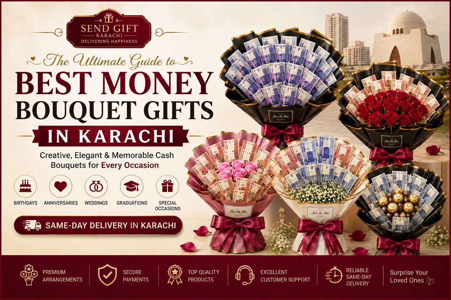 Best Money Bouquet Gifts in Karachi for birthdays, anniversaries, weddings, and special occasions with same-day delivery by SendGiftKarachi.