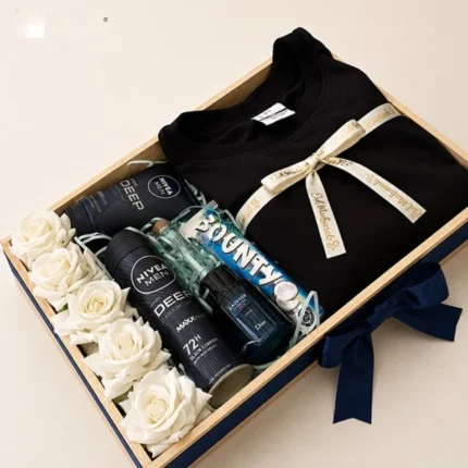 Gentleman's Luxury Gift Box with branded polo shirt, Janan Sports perfume, chocolates, face wash, body spray, and premium wooden tray.