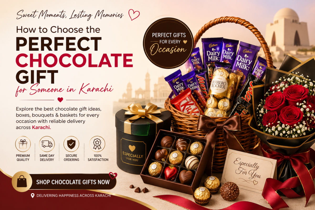 Premium chocolate gift basket, Ferrero Rocher chocolates, chocolate gift box and rose bouquet for chocolate gift delivery in Karachi