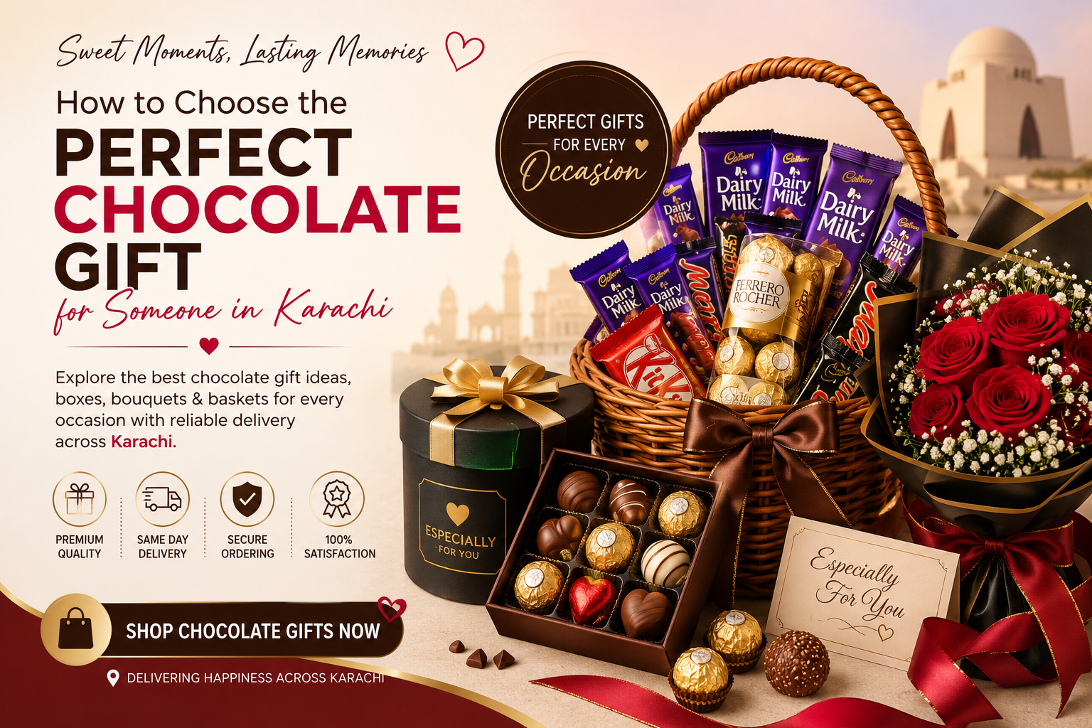 Premium chocolate gift basket, Ferrero Rocher chocolates, chocolate gift box and rose bouquet for chocolate gift delivery in Karachi