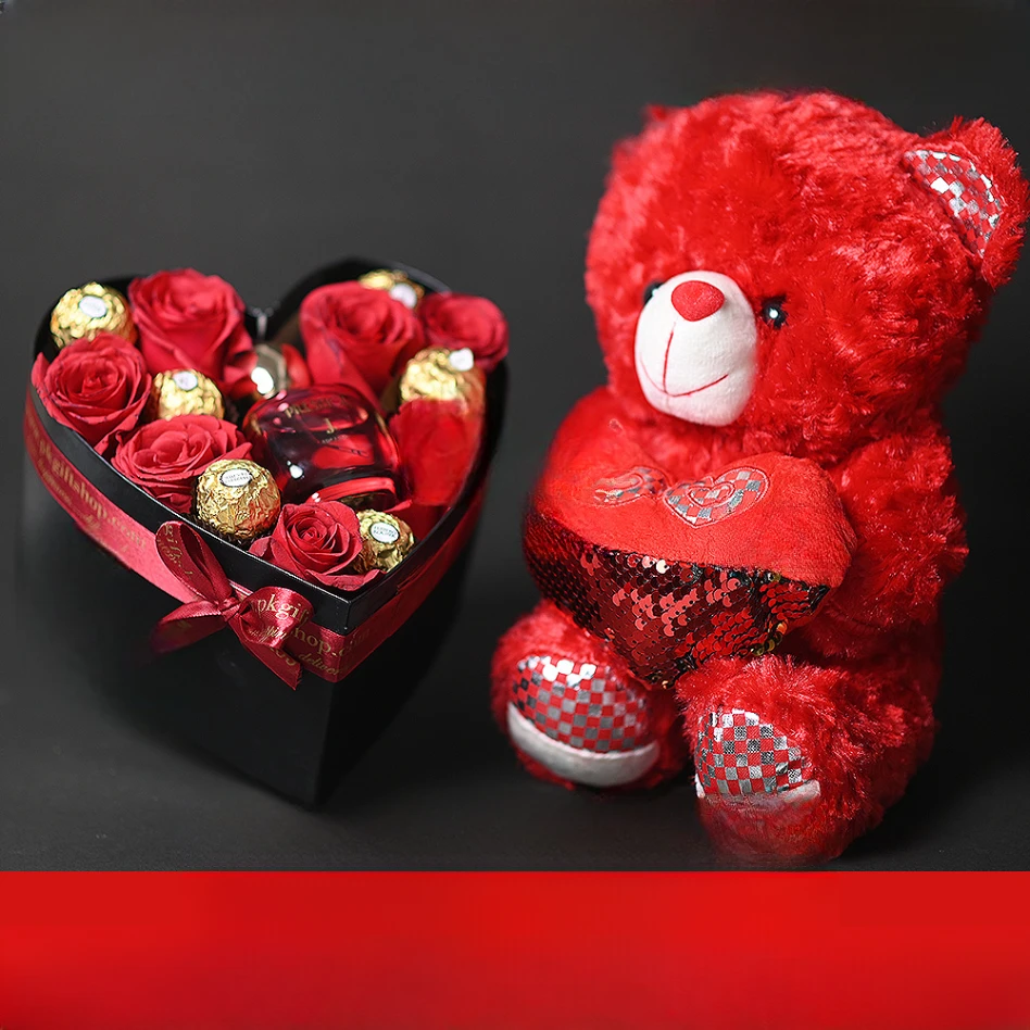 Sweet Teddy & Ferrero Rose Box Sweet Teddy & Ferrero Rose Box with teddy bear, fresh red roses, Ferrero Rocher chocolates, and heart-shaped romantic gift box.
