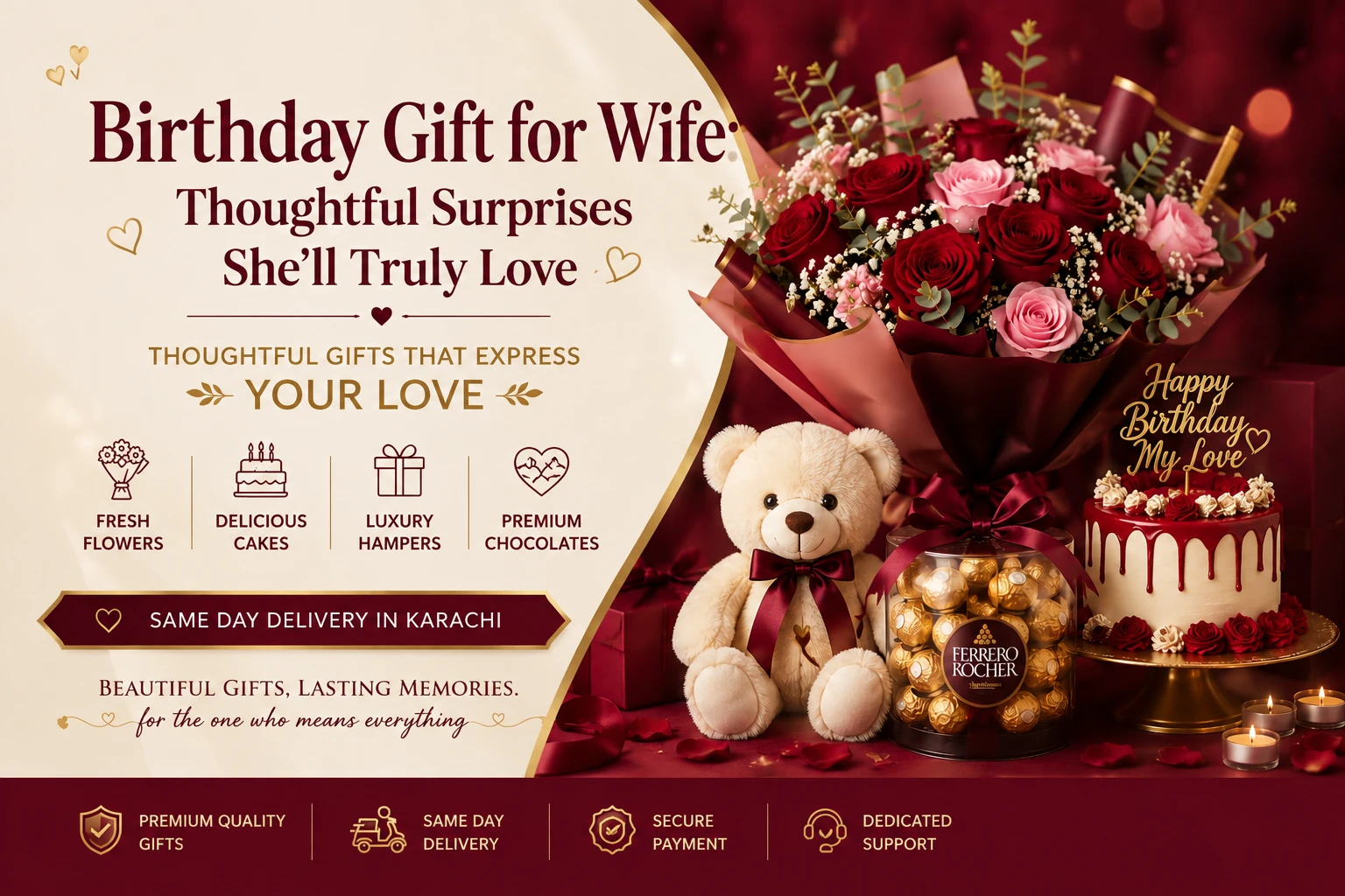 Birthday gift for wife with flowers, birthday cake, chocolates, luxury hampers, and romantic surprises in Karachi.