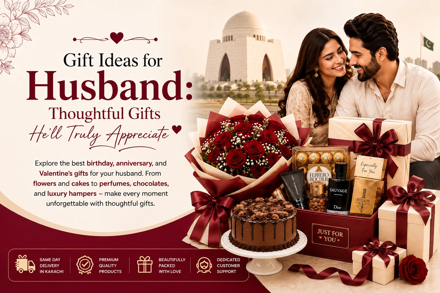 Gift ideas for husband featuring birthday gifts, anniversary gifts, flowers, cakes, chocolates, luxury hampers, and romantic surprises in Karachi.