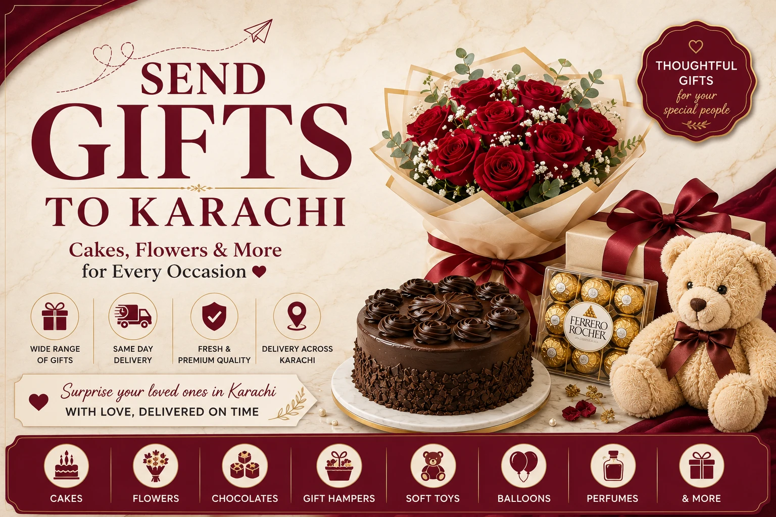 Send gifts to Karachi with cakes, flowers, chocolates and thoughtful gifts for every occasion
